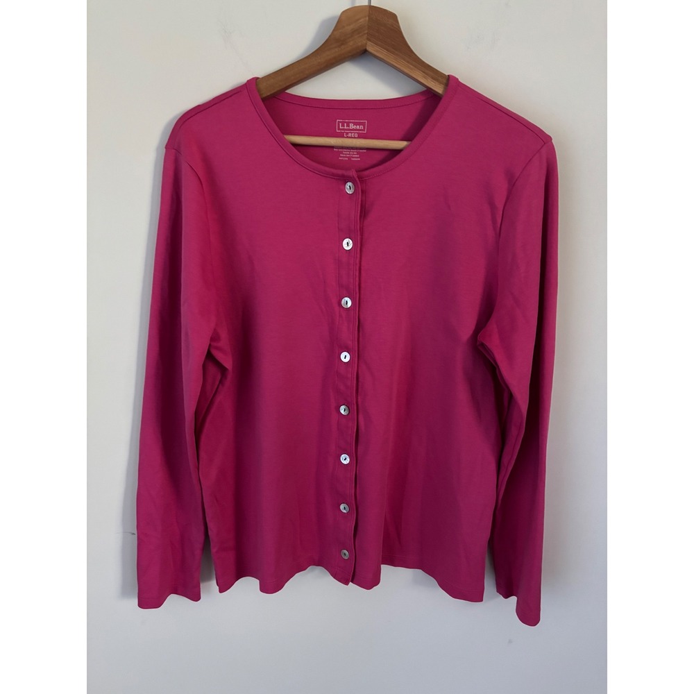 LL Bean Pink Supima Cotton Button Front Cardigan Long Sleeve Misses L-REG 192468